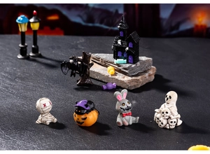 Miniature Halloween resin figurines set featuring haunted house, mummy, and ghost pumpkin