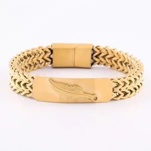 Double-layered 18K gold-plated Miami Cuban chain bracelet with feather-engraved metal plate