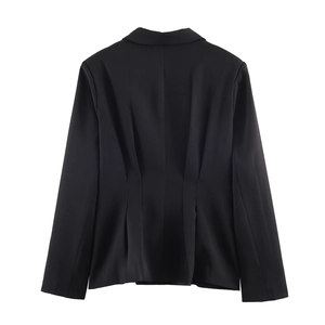 Elegant black fitted women's blazer with ruffle hem and structured waist back view