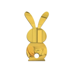 Detail of golden acrylic bunny mirror wall sticker with reflective surface for Easter decor