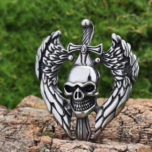 Gothic punk necklace with silver skull sword and wings pendant on rustic wood background