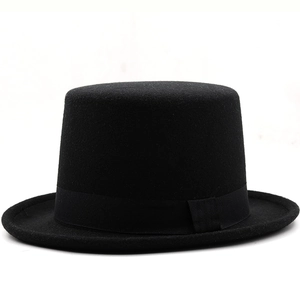Classic black wool felt top hat with a matching satin ribbon for formal attire and magic shows