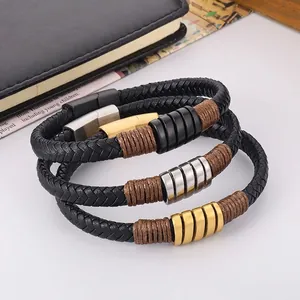 Men's Braided Leather Bracelet With Stainless Steel Magnetic Clasp Retro Multi Layer Ring Industrial Style Simple Jewelry