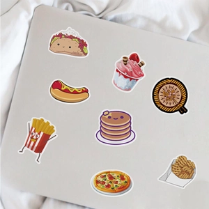 Waterproof food stickers with pizza and ice cream patterns on a laptop back cover