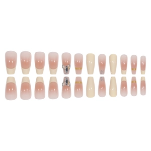 Creamy white and pink gradient ballet press-on nails with glitter and rhinestone accents