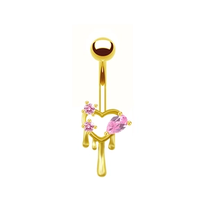 Golden heart-shaped belly button ring with pink zircon stones and fluid droplet dangle