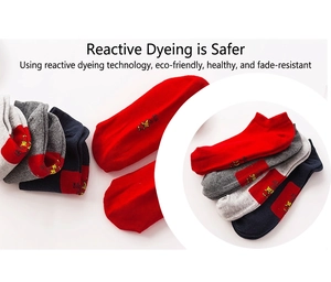 Breathable cotton ankle socks for men featuring colorful embroidery and red sole details