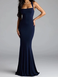 Women Halter Neck Mermaid Evening Dress Backless Criss Cross Tie Up Floor Length Slim Fit Party Maxi Gown