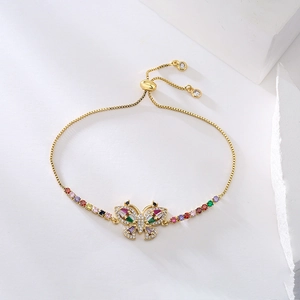 18K gold plated copper bracelet with a colorful zircon butterfly and multi-colored gemstones