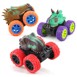 Set of 3 cartoon dinosaur pull-back toy trucks with off-road tires for kids' racing