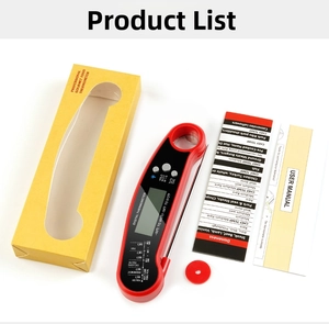 Digital meat thermometer kit with red foldable probe, user manual and temp guide