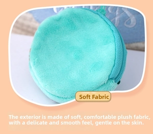 Detailed macro view of mint green plush coin purse with a smooth zip closure