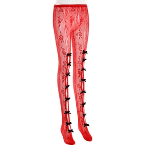Détail du collant résille rouge avec motifs de roses et plusieurs nœuds en satin noir