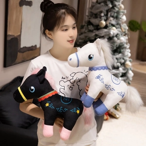 Cute plush horse dolls with Chinese embroidery and soft filling in black and white colors