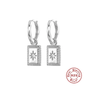 Elegant S925 sterling silver geometric rectangular earrings with sparkling star zircon