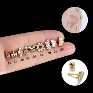 Stainless Steel Zircon Stud Earrings Butterfly Snake Crown Tiny Cartilage Piercing Jewelry Screw Back For Women