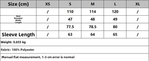 Size chart for casual blazer with polyester fabric details and measurement guide