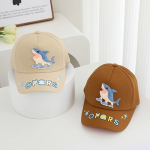 Kids shark print cotton baseball caps in beige and coffee colors for ages 3-6