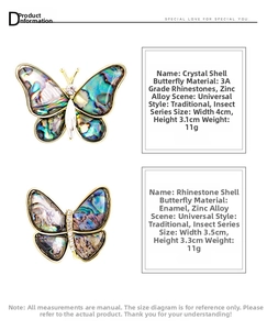 Macro view of rhinestone and enamel butterfly brooch detailing exact size and materials