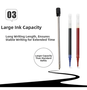 Detail of 70mm metal ballpoint refills showing large ink capacity in black, blue and red