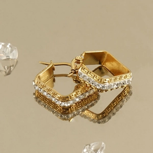 Elegant gold quadrilateral hoop earrings with Greek key pattern and clear crystals
