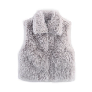 Close-up of fluffy light gray faux fur texture and stand collar detail on vest