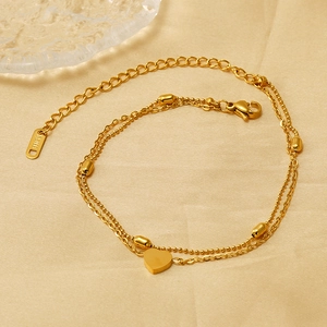 Double-layer 18K gold plated stainless steel anklet featuring a delicate heart pendant