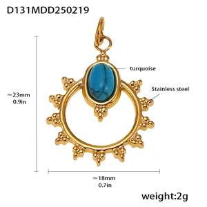 Detail view of 18k gold-plated stainless steel pendant with oval turquoise stone inlay