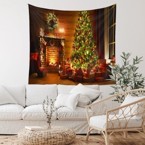 Detailed view of Christmas tapestry showing a fireplace and decorated tree in home setting
