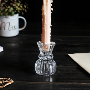 European transparent ribbed glass candle holder for elegant home dining table decor