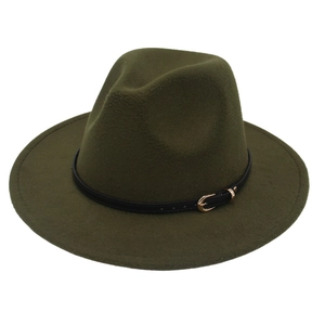 Detail of dark green wool fedora hat featuring black leather band and golden buckle