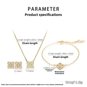 Detailed dimensions of gold clover jewelry set with necklace, bracelet, and earrings