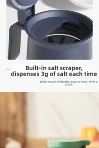 Detail of 3g salt control scraper and large opening on blue seasoning jar