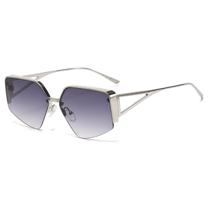 Detail view of silver geometric frame with purple gradient lenses and hollow temple
