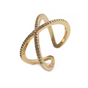 Elegant gold-plated criss-cross ring with micro-pave cubic zirconia and adjustable band