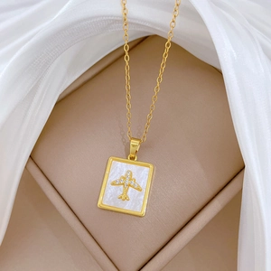 Luxurious gold titanium necklace with shell square pendant and crystal airplane motif