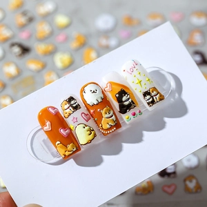 3D embossed cartoon Shiba Inu nail stickers with hearts and stars on manicured tips