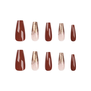 Coffin shaped dark brown press-on nails with nude glitter gradient design, 10 pieces set