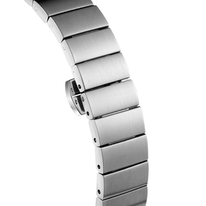 Elegant silver square watch with brushed stainless steel link strap and folding clasp