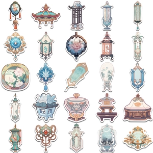 5x5 grid of 25 vintage Chinese style stickers featuring lanterns, fans and screens