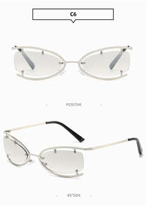 Macro detail of futuristic silver hollow frames and gradient oval lenses in dual views
