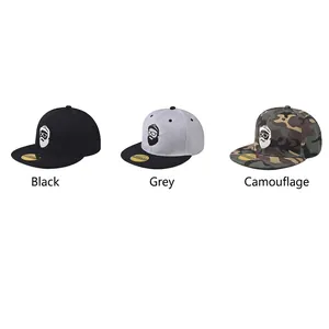 Flat brim hip hop baseball caps with cartoon embroidery in black, grey, and camo colors