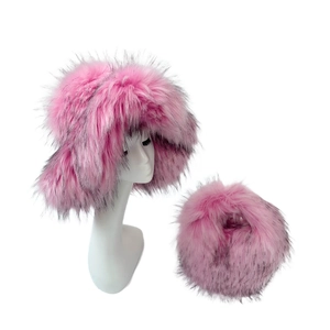 Detailed view of pink faux fur winter hat and matching plush neck warmer set