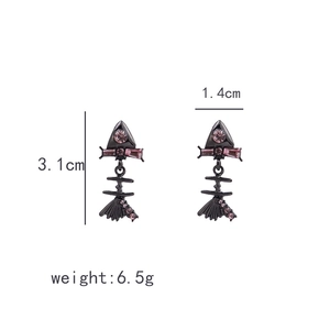Detailed view of black fishbone earrings with pink rhinestones, size 3.1cm by 1.4cm