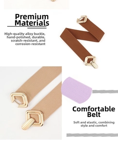 Détail des boucles en alliage doré poli et de la texture du tissu élastique