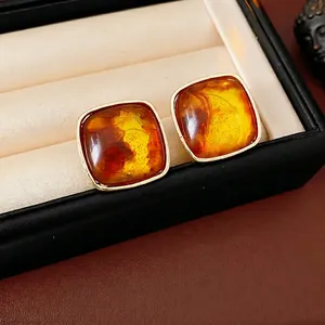 Retro Square Stud Earrings Resin Alloy With Silver Earring Post Maillard Style Geometric Amber Texture Jewelry Women