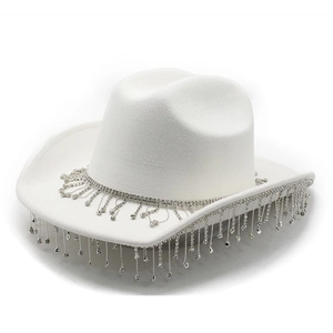 Detail of white western cowboy hat with sparkling silver rhinestone fringe on brim