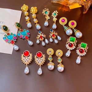 Vintage Drop Earrings With Silver Earring Post Imitation Artificial Pearls Colorful Gemstones Gold Plated Baroque Style For Women