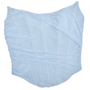 Detailed view of light blue mesh fabric with irregular pleats and wavy hemline texture