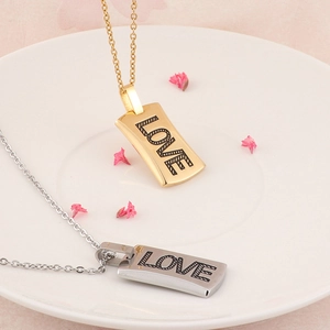 Polished gold and silver square bar necklaces with LOVE engraving for women